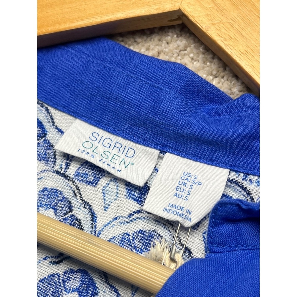 Sigrid Olsen Blue White Tunic Top Linen 3/4 Sleeve NWT V Neck Coastal Vacation S - Picture 4 of 12